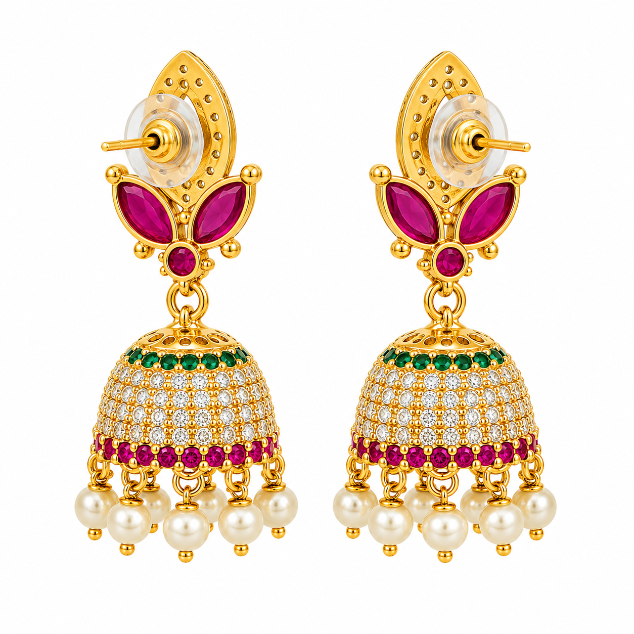 Emerald Ruby Pearl Jhumka Earrings